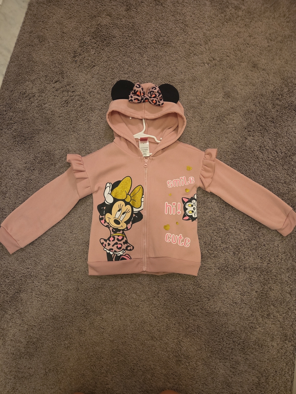 Disney Pink Minnie Mouse Hooded Zip-Up Sweatshirt with Ears Size 6 (Small)